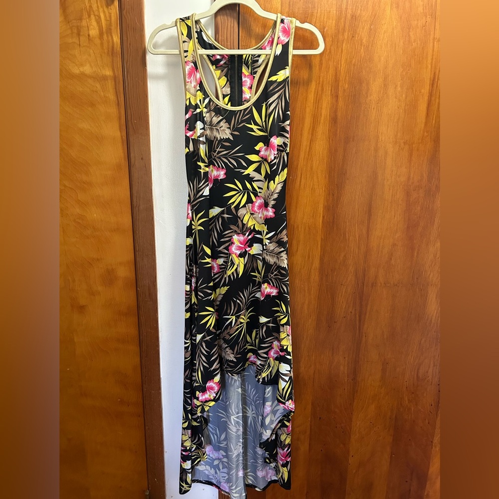 Dots Black Floral High-Low Maxi Dress with Pink & Yellow Accents
